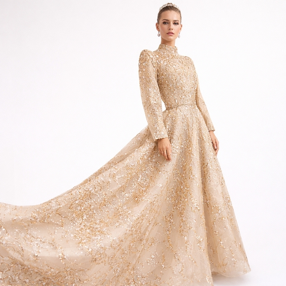 Tony Ward Couture Champagne Beaded Gown Formal Evening Dress Size L MSRP $10,000 - Picture 15 of 16